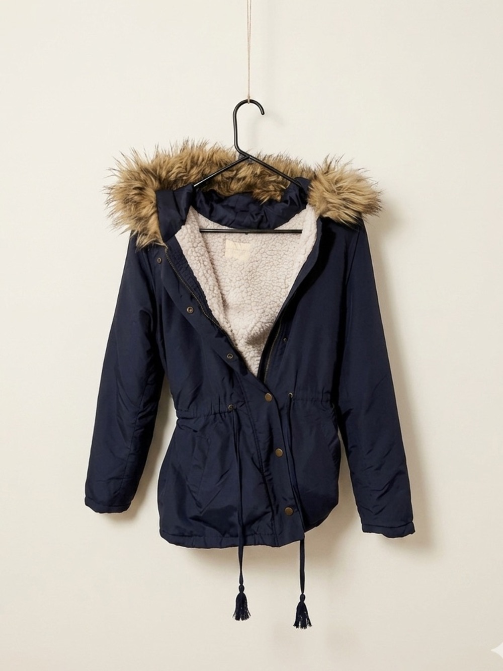 Copper Key Navy Puffer Jacket with Faux Fur Hood
